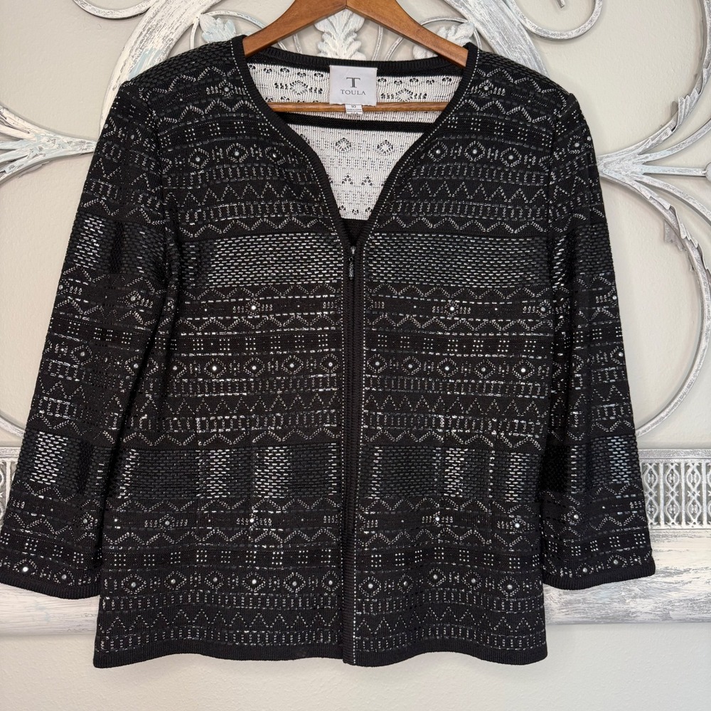 Toula Womens Black White Geometric Zip Up Knit Cardigan Size 10 Wool Blend EUC